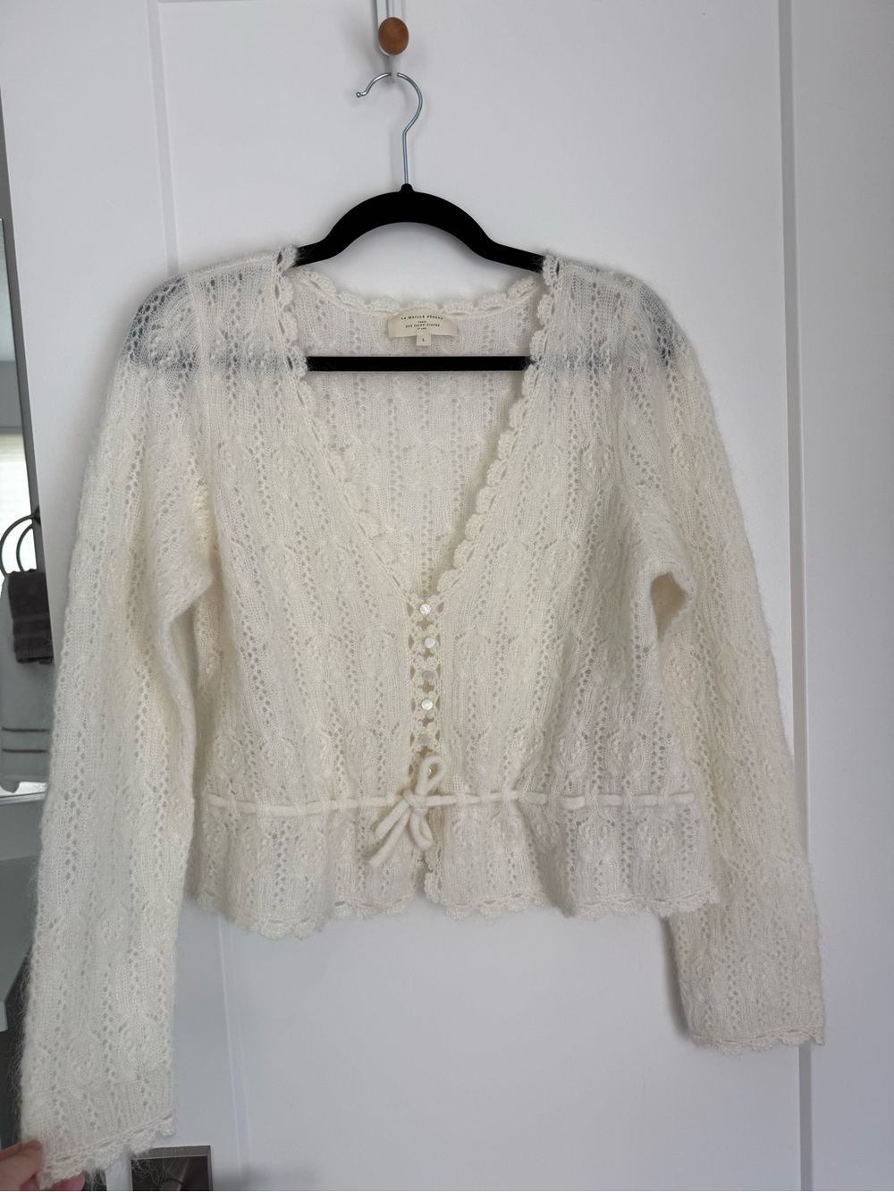 Sezane Cream Lace Knit Tie-Waist Cardigan (Elise Cardigan)